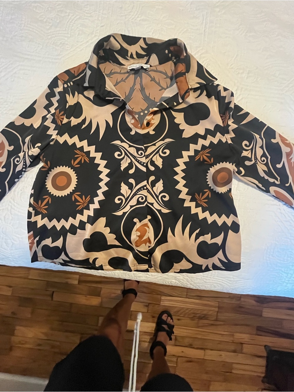 Womens Black & Tan Patterned Cropped dress shirt